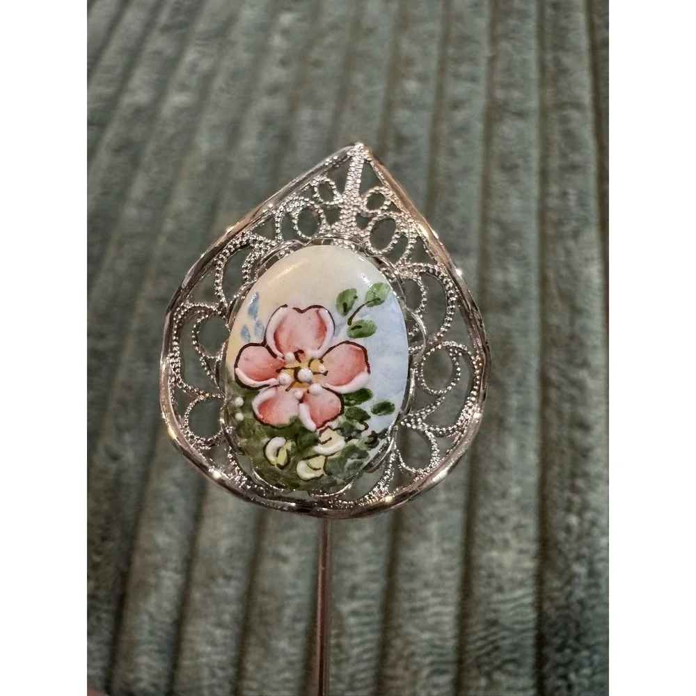 Floral Lapel‎ Stick Pin Brooch Silver Tone Teardrop Design Women's Jewelry